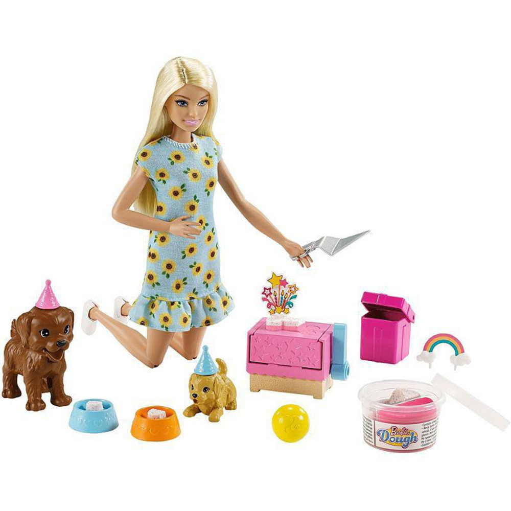 New in Box Barbie Blonde Puppy Party Playset w/ 2 Pet Puppies, Dough, Cake Mold